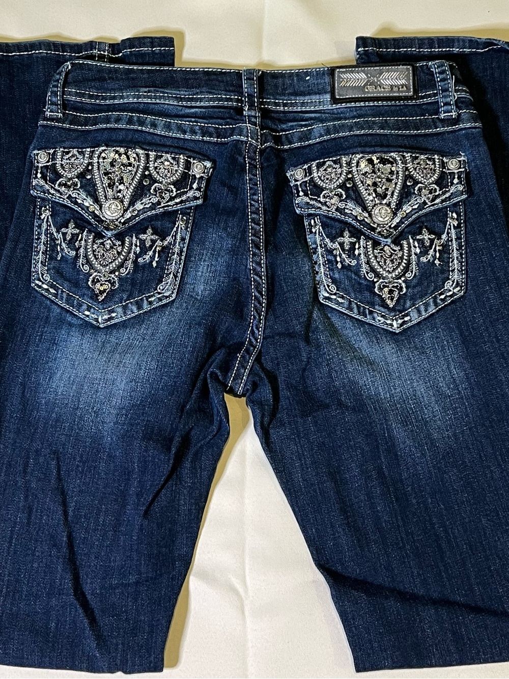 Grace Dark Blue Boot Cut Jeans with Embellished Back Pockets